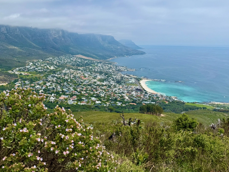 Blick vom Tandem-Paragliding-Startplatz am Lion's Head auf die Bergkette der 12 Apostel und die Bucht von Camps Bay.